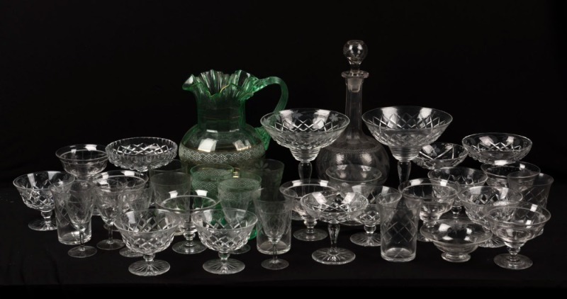 CRYSTAL & GLASS WARE including Stuart Crystal bowls, green glass jug, crystal decanter, assorted bowls and glasses, (39 items), the decanter 30cm high