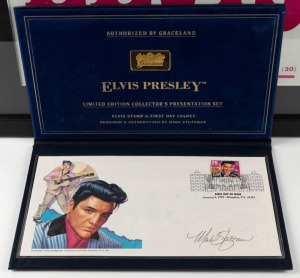 ELVIS PRESLEY limited edition collector's presentation first day cover in original leather folio of issue, signed by Mark Stutzman; together with a facsimile Elvis Presley concert poster attractively framed and mounted, the poster 72 x 52cm overall