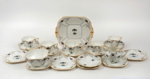 SHELLEY English porcelain tea ware, comprising 5 cups, 6 saucers, 6 plates, milk jug, sugar basin and cake plate, (20 items), the plate 23cm wide