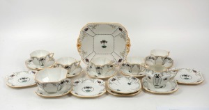 SHELLEY English porcelain tea ware, comprising 5 cups, 6 saucers, 6 plates, milk jug, sugar basin and cake plate, (20 items), ​​​​​​​the plate 23cm wide