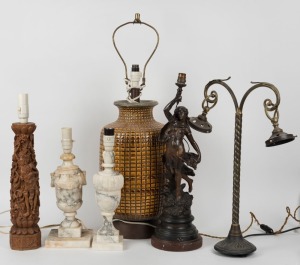 Eight assorted lamps and five assorted shades, A/F, including cast metal, Italian marble, carved sandalwood and others