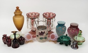 Assorted antique and vintage glass including ruby glass lustres, amber lidded jar, biscuit barrel, vases, bell, vanity ware etc, 19th and 20th century, (16 items),