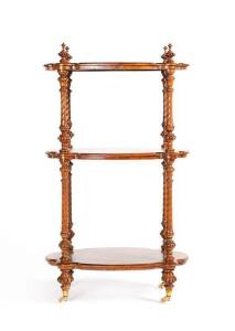 Victorian burr walnut 3 tier wot not with barley twist columns, c1870s. Height 116cm, width 67cm, depth 42cm. Provenance: Historic Corio Villa Geelong