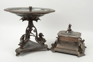 An antique English silver plated centrepiece with ruby glass trumpet, together with a silver plated casket, 19th century, the centrepiece 60cm high