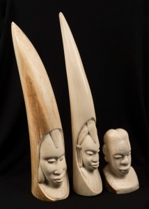 Three African tribal ornaments, carved ivory, early to mid 20th century, 12cm, 33cm and 35cm high