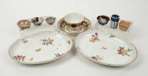 Antique English porcelain cup and saucer, two Meissen German porcelain dishes, together with six assorted Asian cups and dishes, 19th/20th century, (10 items), ​​​​​​​the Meissen dishes 23cm wide