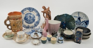 CROWN DUCAL tankard, ROSENTHAL peacock statue, cloisonne fish, terracotta statue of a dancing woman, Brownie Downing dishes, Martin Boyd egg cups, German porcelain vases, pottery plates, English porcelain tea ware and blue and white porcelain ware, 20th c