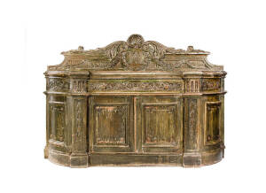 SIDEBOARD: French 19th century carved timber with distressed green finish & carved monogram back "M.A". Height 149cm, width 223cm, depth 38cm