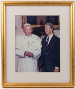 JIMMY CARTER original signature on colour photograph of President Carter meeting Pope John Paul II, framed and glazed 38 x 32.5cm overall