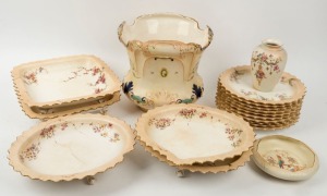 Antique English porcelain jardiniere, serving bowls, plates and brush pot, Crown Devon, Doulton Burslem and others, 19th/20th century, (18 items)