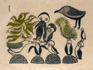 LUCY QINNUAYUAK (Canadian, 1915–1982), Family of Birds #66, (1963), signed, editioned 50/50 and dated, mounted and framed with a plaque reading "Presented to his excellency D. O. Hay, High Commissioner for Australia to Canada on April 2, 1964 by the diplomatic corps in Ottawa", 53 x 71cm, 78 x 94cm overall
