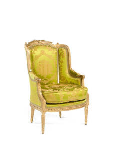 French giltwood carved armchair upholstered in green & gold fabric, 19th century.