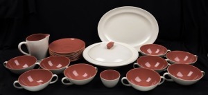 POOLE POTTERY vintage English two tone dinner ware, (22 pieces), factory mark to bases, ​​​​​​​the platter 30cm wide