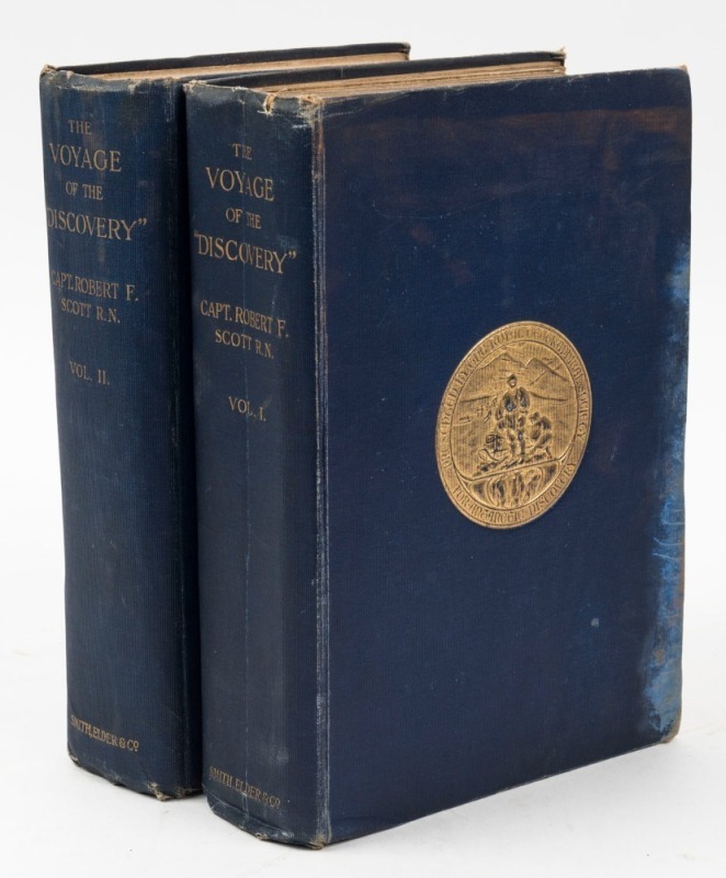 [ANTARCTIC EXPLORATION] "The Voyage of the Discovery" by Captain Robert F. Scott, [London : Smith, Elder & Co., 1905] 1st edition in 2 vols. Vol I, pp xx, 556; Vol II, pp xii, 508. Complete with all plates and folding maps. Illustrations. Publisher's orig