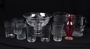 STUART CRYSTAL compote, crystal and ruby glass jugs, Pall Mall highball glasses, 19th and 20th century, (10 items), the largest 14cm high, 20.5cm diameter