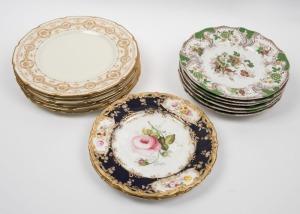 Six antique English stoneware dinner plates, together with a set of six ROYAL DOULTON cream and gilt dinner plates, plus a pair of antique hand-painted cabinet plates, 19th and 20th century, (14 items), the largest 26cm wide