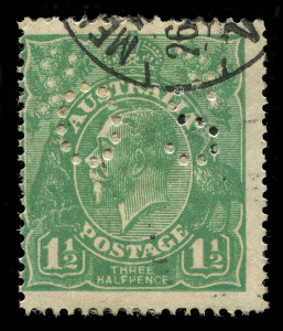 KGV Heads - Single Watermark: 1½d Green, perforated OS, Electro 12 variety "Cracked Electro through leg of Kangaroo" (early state) [12R22], tidy Melbourne datestamp well clear of the flaw, BW:88ba(12)n - Cat. $500