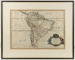 [SOUTH AMERICA] "AMERIQUE MERIDIONALE par N. SANSON", [Paris, 1669], copper engraving with some hand colouring, 40 x 56cm; framed 59 x 74cm.