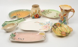 CLARICE CLIFF green porcelain flower trough and cream jug, FALCON WARE floral porcelain jug, WADEHEATH Art Deco porcelain vase, and five assorted English porcelain serving dishes including SHORTER & SONS and CARLTON WARE, (9 items), the Clarice Cliff flower trough 28cm wide