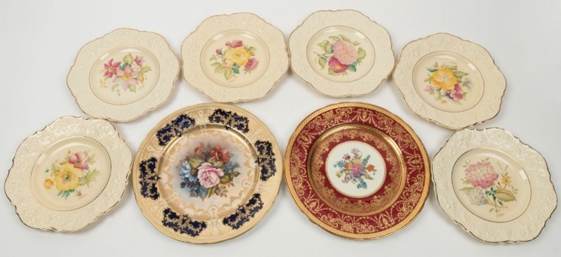 DUCAL set of six hand-painted floral porcelain plates, each titled verso; together with two AYNSLEY English floral porcelain cabinet plates, (8 items), ​​​​​​​the largest 27cm diameter