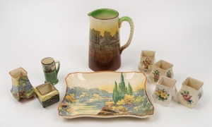 ROYAL DOULTON Series Ware jug, serving plate, miniature jug and six assorted vases, (9 items), factory marks to the bases, the jug 17cm high