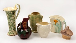 Art Deco porcelain jugs and vases including CARLTON WARE and TUSCAN DECORO WARE, (6 items), the largest 25cm high