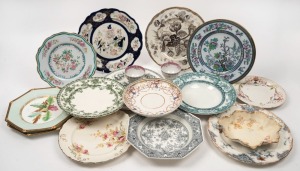 Antique porcelain plates, dishes and bowls including Worcester, Ironstone and others, 19th century, (17 items), the largest 26cm wide