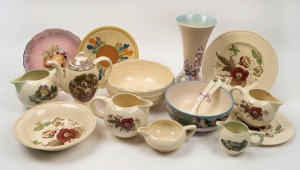 CLARICE CLIFF English porcelain dinner and table ware, (16 items), mixed condition. the larger fruit bowl10.5cm high, 24cm wide