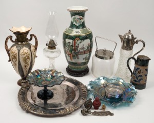 Chinese porcelain vase on stand, oil lamp, silver plated platter, scent bottles, glass biscuit barrel and serving plate, cobalt carnival glass "Butterfly" sweet meat dish, butter dish, Doulton Lambeth pottery jug and an English pottery vase, 19th and 20th century, (14 items), the largest 40cm high