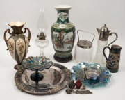 Chinese porcelain vase on stand, oil lamp, silver plated platter, scent bottles, glass biscuit barrel and serving plate, cobalt carnival glass "Butterfly" sweet meat dish, butter dish, Doulton Lambeth pottery jug and&nbsp;an English pottery vase, ​​​​​​​19th a