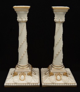 ROYAL WORCESTER pair of antique English porcelain candlesticks with gilded highlights, puce factory mark to base, 26.5cm high