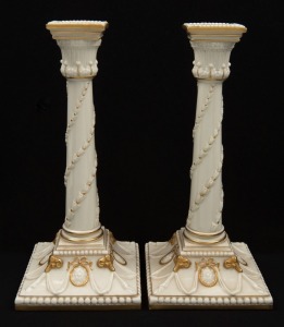 ROYAL WORCESTER pair of antique English porcelain candlesticks with gilded highlights, puce factory mark to base, ​​​​​​​26.5cm high