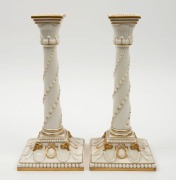 ROYAL WORCESTER pair of antique English porcelain candlesticks with gilded highlights, puce factory mark to base, ​​​​​​​26.5cm high - 2
