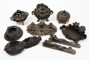 Nine assorted Chinese solid cast bronze censers, desk set, scholar's rests, brush washer and string line, 20th century, ​​​​​​​the largest 17cm wide