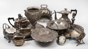 Silver plated tea set, trays, muffin dish, candlesticks, hip flask, table ware, etc, 19th and 20th century, (13 items)