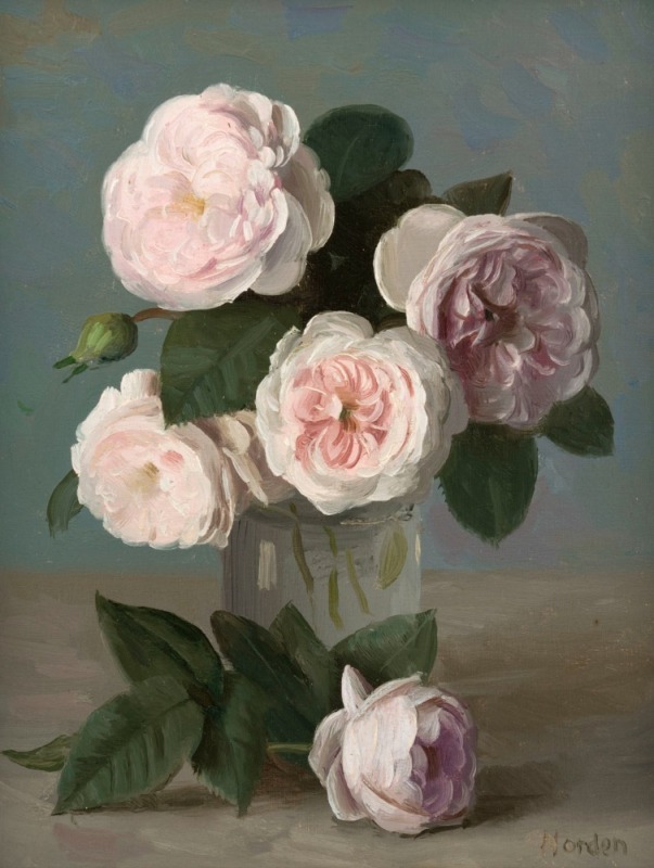 HORDON, Camellias, oil on panel, signed lower right "Hordon", 22 x17cm, 38 x 33cm overall