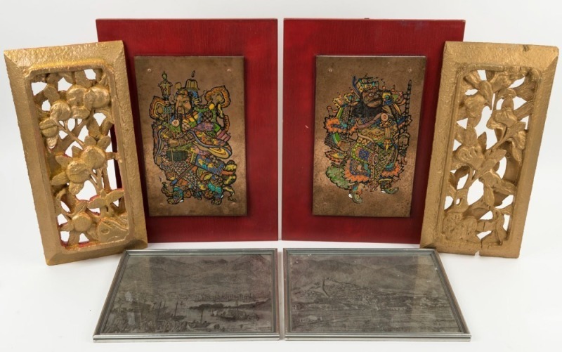 Three pairs of Chinese pictures and panels, 20th century, (6 items), ​​​​​​​the largest 42 x 29cm overall