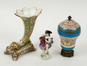 MEISSEN antique German porcelain figure of a rooster and child, together with an antique SEVRES porcelain lidded bowl, and a cornucopia vase, A/F, 19th century, (3 items), the largest 17cm high