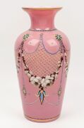 An antique pink glass mantle vase with enamel decoration, 19th century, ​​​​​​​35cm high