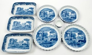 SPODE "Italian" pattern porcelain oven ware including four flan pans, a dariole mould and three oven dishes, late 20th century, (8 items), black factory mark to bases