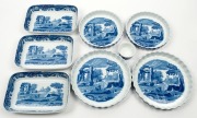 SPODE "Italian" pattern porcelain oven ware including four flan pans, a dariole mould&nbsp;and three oven dishes,&nbsp;late 20th century, (8 items), black factory mark to bases