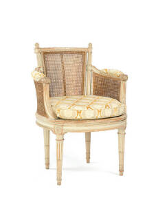French 19th century armchair. Limed & carved timber frame with rattan back & sides.