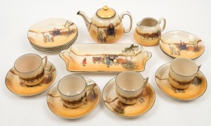 ROYAL DOULTON "Coaching Days" English porcelain tea ware including teapot, milk jug, sandwich tray, four cups, six saucers and six plates, (19 items), factory marks to the bases, the teapot 12cm high