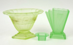 Two vintage Art Deco green glass vases, circa 1930, 16cm and 17cm high