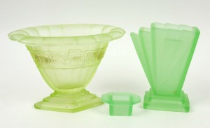 Two vintage Art Deco green glass vases, circa 1930, ​​​​​​​16cm and 17cm high