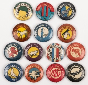 1950-51 Argus club mascot badges 'VFA & Country League Club Mascots' including Post Melbourne, Prahran, Williamstown, Brunswick, Sandringham, Camberwell and Oakleigh. (15 different). Mixed condition.