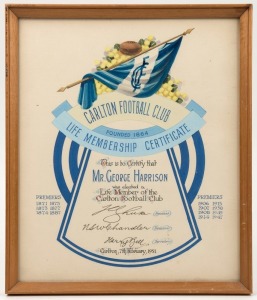 CARLTON FOOTBALL CLUB LIFE MEMBERSHIP CERTIFICATE presented to GEORGE HARRISON in February 1951; attractive calligraphy and with painted designs; framed 32 x 27cm overall.George Harrison was a trainer at Carlton Football Club for an amazing 60 years. He a