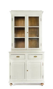 Italian painted pine dresser. 2 glazed upper doors over 2 blind bottom doors all resting on turned bun feet, late 19th century. Height 234cm, width 109cm, depth 44cm
