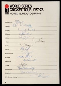 WORLD SERIES CRICKET TOUR 1977-78 World Team Autographs sheet, fully signed and in excellent condition. Features Abbas, Iqbal, Khan, Richards, Snow and Underwood.