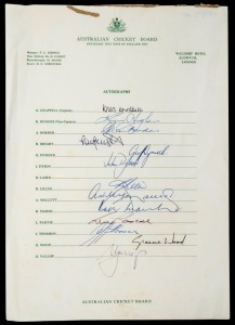 AUSTRALIAN CENTENARY TEST TOUR OF ENGLAND 1980 official A.C.B. Team Sheet signed by 13 players including Greg Chappell, Kim Hughes, Dennis Lillee and Rod Marsh.